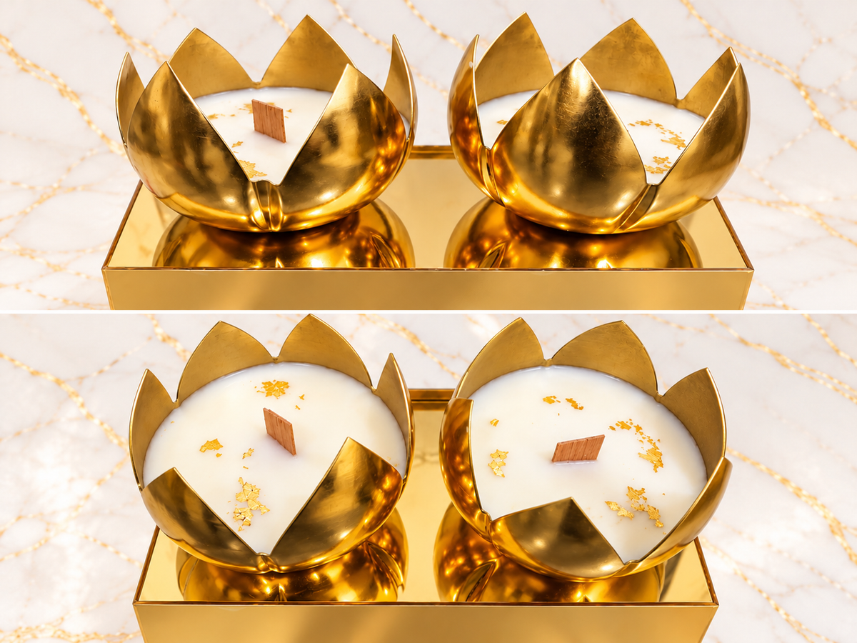 Two gold lotus-shaped candles styled on a gold tray, shown from two angles. Candles sold individually; tray not included.